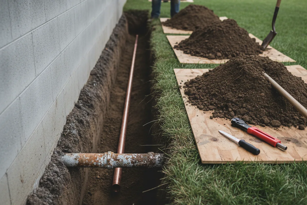 Excavated water line trench during Water Heater Repair in Helen